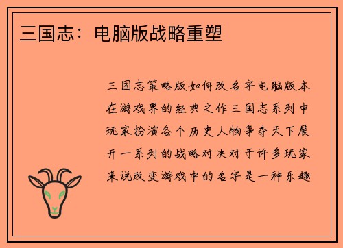 三国志:电脑版战略重塑